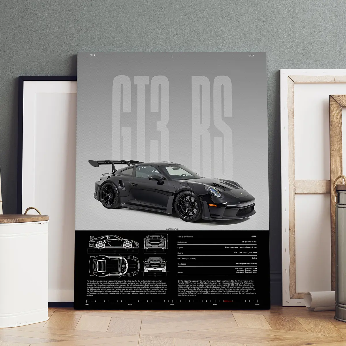 1 Count Wooden Framed Canvas, Porsche GT3 RS Poster, Living Room Bedroom Hallway Office Kitchen Decoration, Home Poster, Decoration Items, Ideal Gift, High Definition, Waterproof, Artwork, Hanging Wall Art