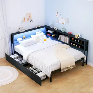 Twin/Full Corner Daybed with Storage, Bookcase Headboard, LED Light & Built-in Charging Station
