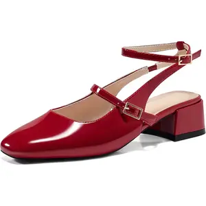 Coutgo Womens Mary Jane Chunky Low Heels Closed Square Toe Ankle Strap Pumps Wedding Party Dress Shoes