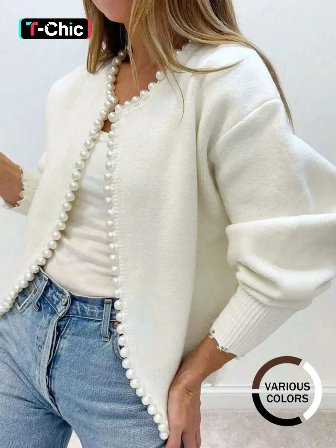 Women's Solid Faux Pearl Decor Drop Shoulder Knitting Cardigan, Casual Long Sleeve Open Front Knitwear for Fall & Winter, Fashion Women's Knit Clothing for Daily Wear, Womenswear