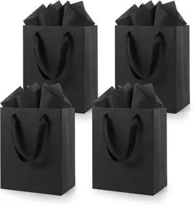 Black Small Gift Bags with Handles and Tissue Paper, 8x5x10 Inch 4 Pack Paper Bags for Men, Women, Birthdays Party, Baby Showers, Weddings, Valentine's Day, Easter, Anniversaries (Black small - 4Pcs)