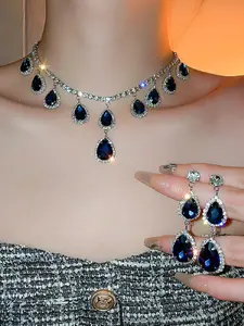 Women's Elegant Artificial Crystal Decorated Necklace & Earrings, Exquisite Trendy Jewelry Set, Fashionable Accessories for Party & Daily Clothing Decor