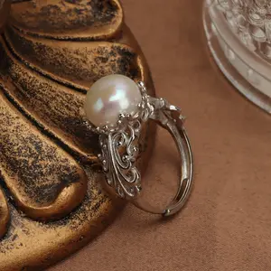 Hollow pattern sterling silver ring/fresh water pearl ring/White Ring/Large Ring/Adjustable Ring