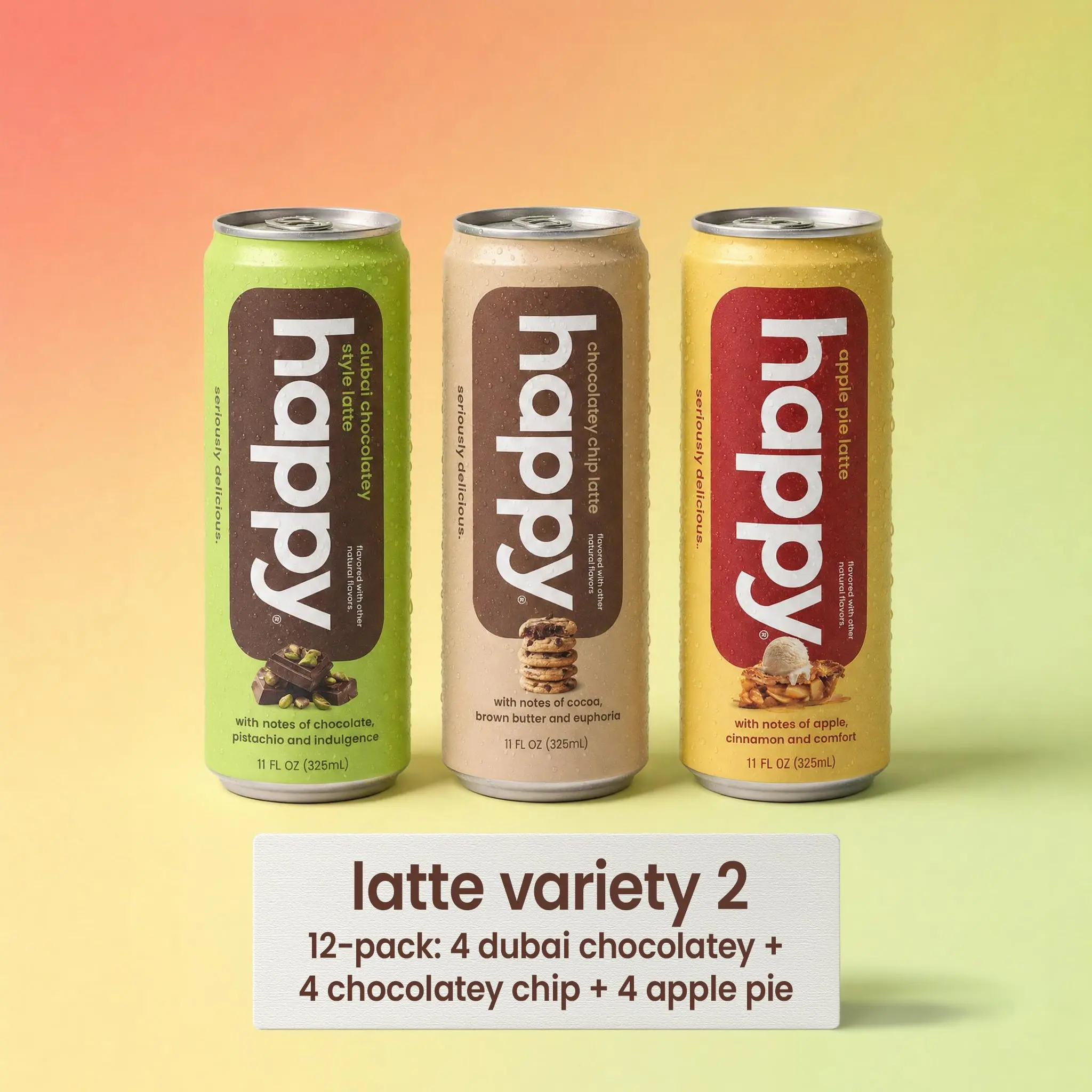 Happy Latte Variety Pack - New Flavors 12 count 11 oz each - 4 Chocolatey Chip Lattes, 4 Apple Pie Lattes, & 4 Dubai Chocolatey Style Lattes