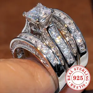 A luxurious 925 sterling silver wedding ring set, consisting of 3 elegant stacked wedding rings, princess cut synthetic cubic zirconia, four claw inlay, April birthday stone, Valentine's Day gift, all season engagement and banquet jewelry