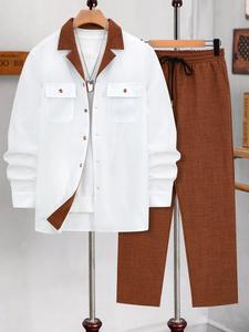 men's solid button front shirt & drawstring waist pants set, regular fit long sleeve lapel neckline top & pocket trousers,  men's 2 piece set, casual fashion cozy breathable men two-piece clothing menswear for fall & winter