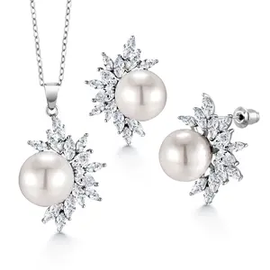 Ivory Pearls and Marquise CZ Pendant Earring Set- 16+2 Inch Chain,  Pearl and Marquise Cut AAA Cubic Zirconia  Necklace Set