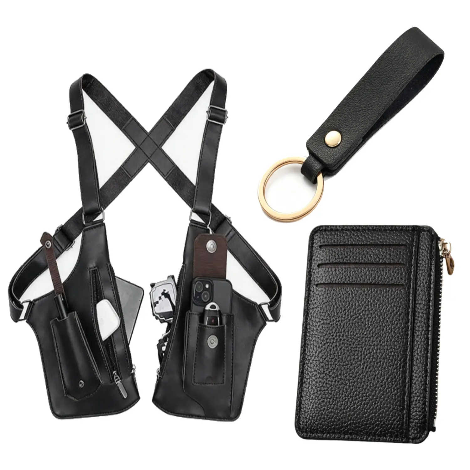3Pcs Anti-Theft Underarm Carry Kit - PU Leather Card Holder, Scratchproof Keychain, Adjustable Oxford Cloth Double-Shoulder Holster Wallet for Men's Outdoor Cycling (Automotive & Motorcycle Interior Accessory), Pouches, Pocketbag