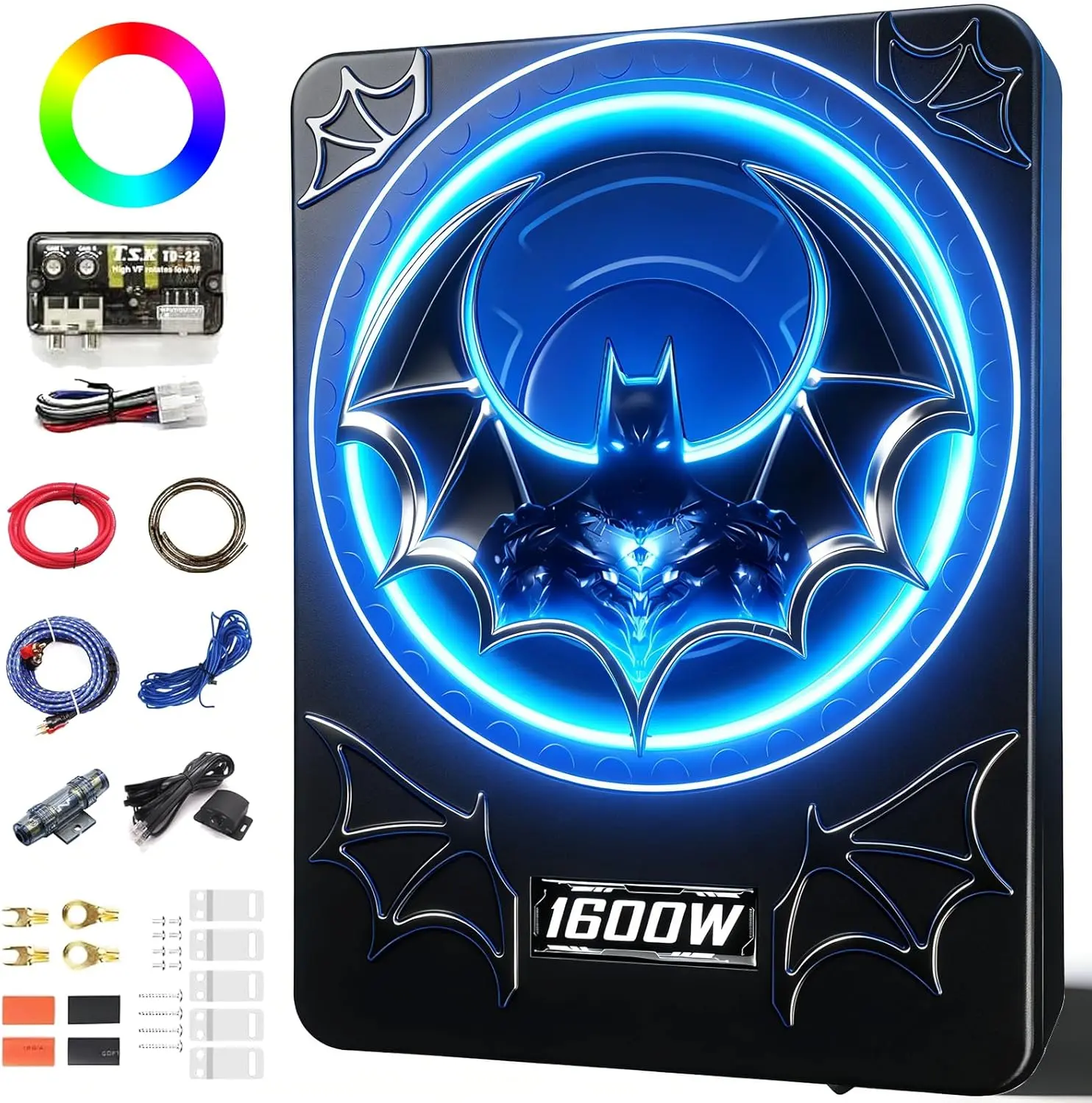 TANVSO 1600W 10-Inch Slim Underseat Powered Subwoofer Car Audio Package, Cast Aluminum, Built-In Amplifier, RGB Lights, Ambient Light Switch, Low Pass, Gain, Bass Control, Subsonic Deep Bass for Cars/Trucks, Pickups, 10 Inch Subwoofer, Car Audio Systems