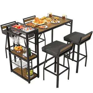 【CategorySelect】ONBRILL 5-Piece High Top Outdoor Bar Table and Chairs Set, Ergonomic 360° Swivel Seats, Wood Plastic Tabletop, Multi-Functional Cleaning and Organizing Storage Shelves, Weather-Resistant Furniture for Deck, Garden