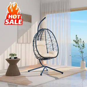 Hanging Egg Chair with Stand - 350lbs Capacity, Indoor/Outdoor Wicker Rattan Design with Grey Cushions - Perfect for Bedroom, Balcony, Garden, or Poolside Relaxation - Doubles as Hanging Basket or Hammock Chair