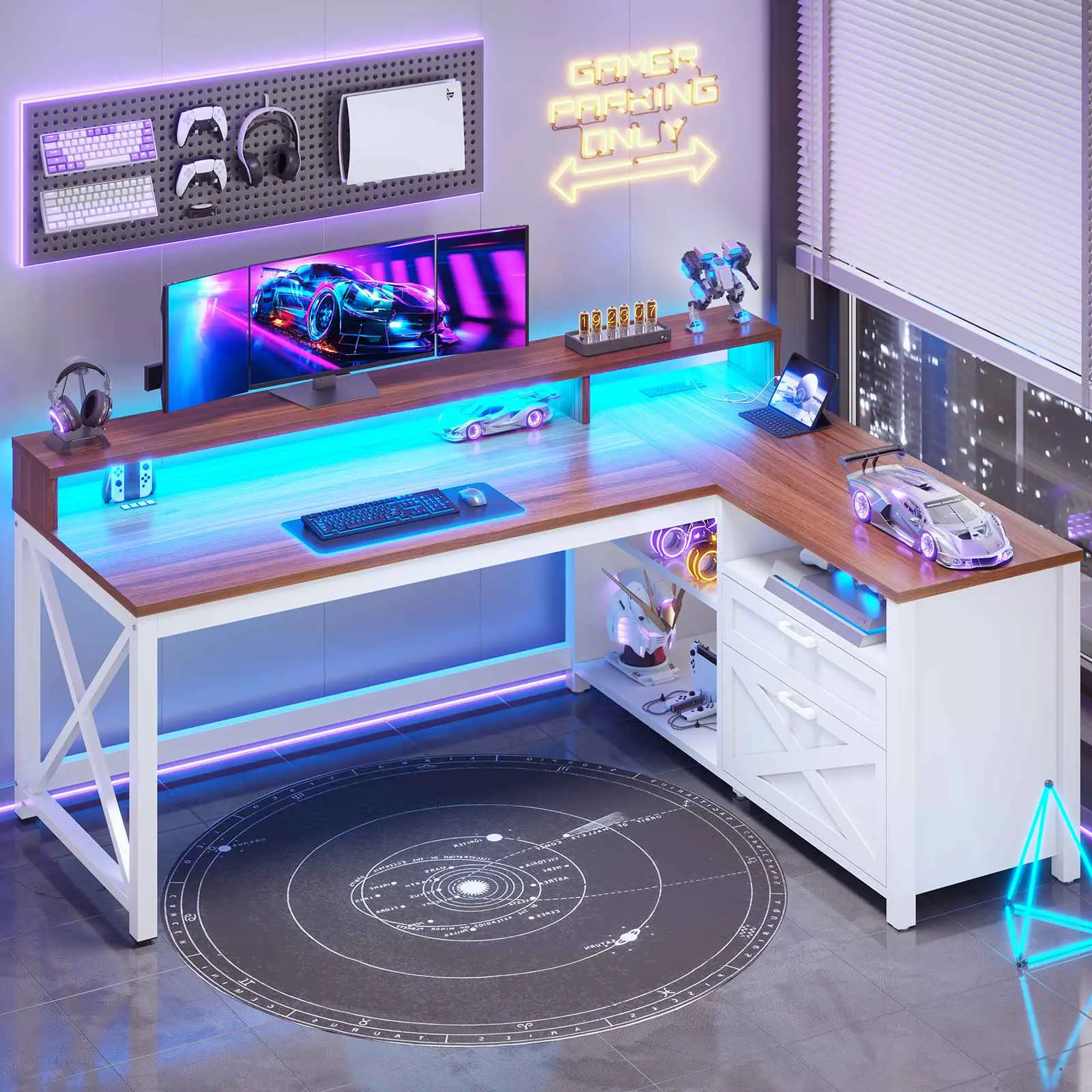 Sedeta 55-in Classic Farmhouse L-Shaped Office Desk - Metal Frame, Built-In Drawers, Shelves, Integrated Power Outlets, LED Lights, L-Shaped Design Desks for Home Office Organization, Large Desk Computer Workstations