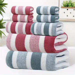 8-Piece Set Super Absorbent Ultra Soft Dual Color Striped Interval Bath Towel Set for Families Spa Centers Includes 2 Large Bath 2 Face 4 Hand Towels Coral Velvet Soft Touch