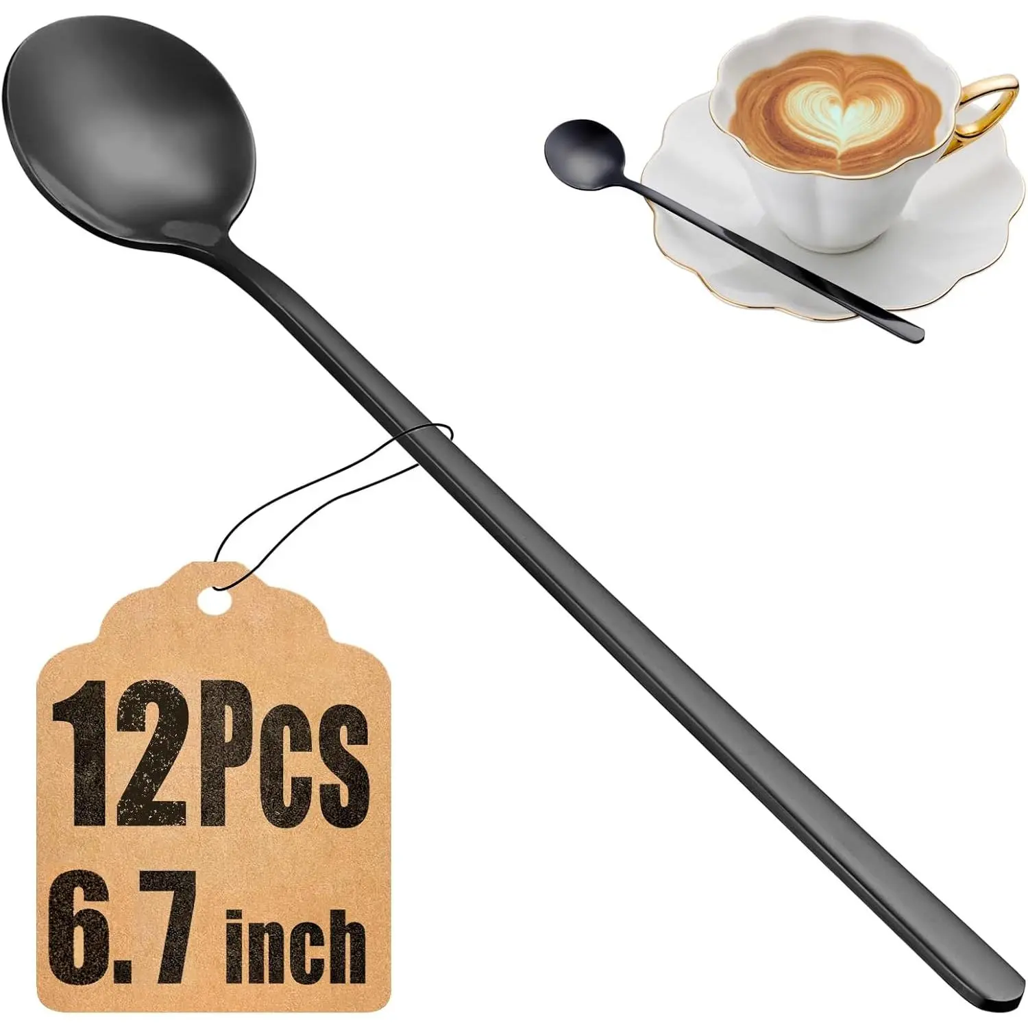 12 count Teaspoons Set, 6.7 Inch Black Tea Spoons Long Handle, Stirring Spoons, Black Small Teaspoons, Food Grade Stainless Steel Black Spoons, Long Spoons for Stirring, Black Metal Espresso Spoons