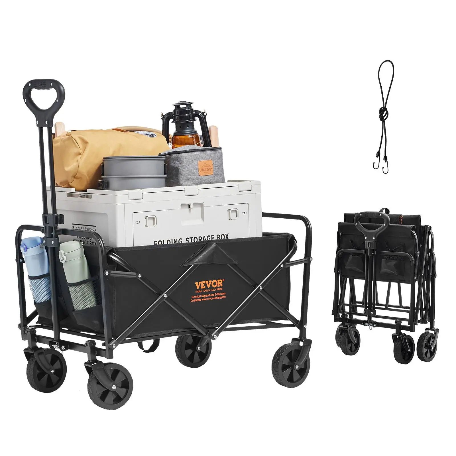 【Backtoschool】VEVOR Collapsible Folding Wagon, 2 cu.ft Beach Wagon Cart with All-Terrain 5in Wheels, Heavy Duty Folding Wagon Cart 220 lbs Weight Capacity with Drink Holders, Sports Wagon for Camping, Shopping, Gar