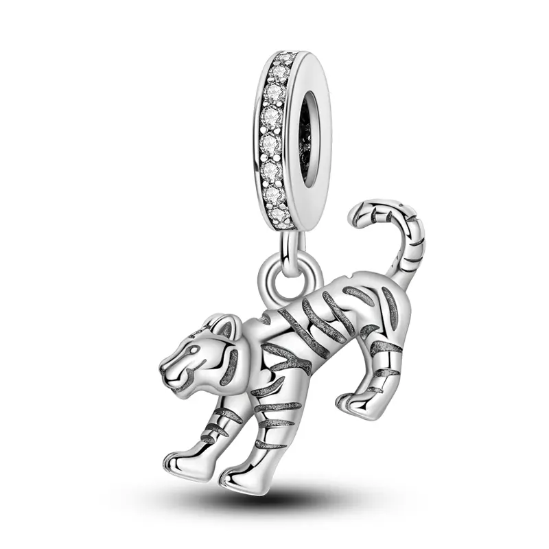MULA Silver-Plated Tiger Animal Charm Pendant for Women with Pavé Stones, Classic Personalized Jewelry for Casual Wear, Compatible with Pandora Bracelets, Timelessness, Wildness, Animals