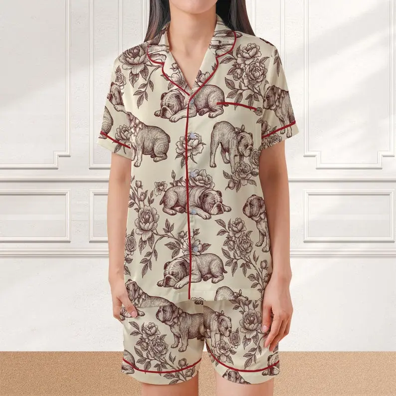 English Bulldog Pajama Set Vintage Floral Toile Dog Print Sleepwear Shorts 100% Polyester Satin Short-Sleeve Loungewear with Chest Pocket & Elastic Waistband - Button