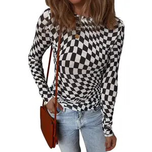 Checkered Mesh Long Sleeve Top