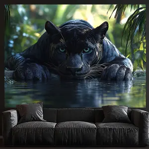 Tapestry Black Panther in Tropical Rainforest Scene Tapestry - Polyester, Luxurious Home Decor Wall Hanging, Ideal for Room Decoration and Unique Gift, Unique Gift Item|Realistic Animal Design|Vibrant Print, Panther Wall Art