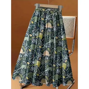 Women's Dinosaur & Tropical Foliage Print Elastic Waist A-Line Skirt - Flared Hem Mid-Length Loose Fit Skirt, Machine Washable Casual to Dressy Versatile Spring Summer Fall Skirt, Seasonal Fashion, Nontransparent Fabric