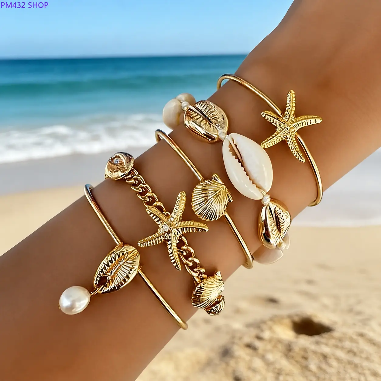 5-Piece Beach Jewelry Set for Women, Starfish & Shell Necklace, Bracelet, Earrings and Ring Set, Coastal Boho Vacation Accessories