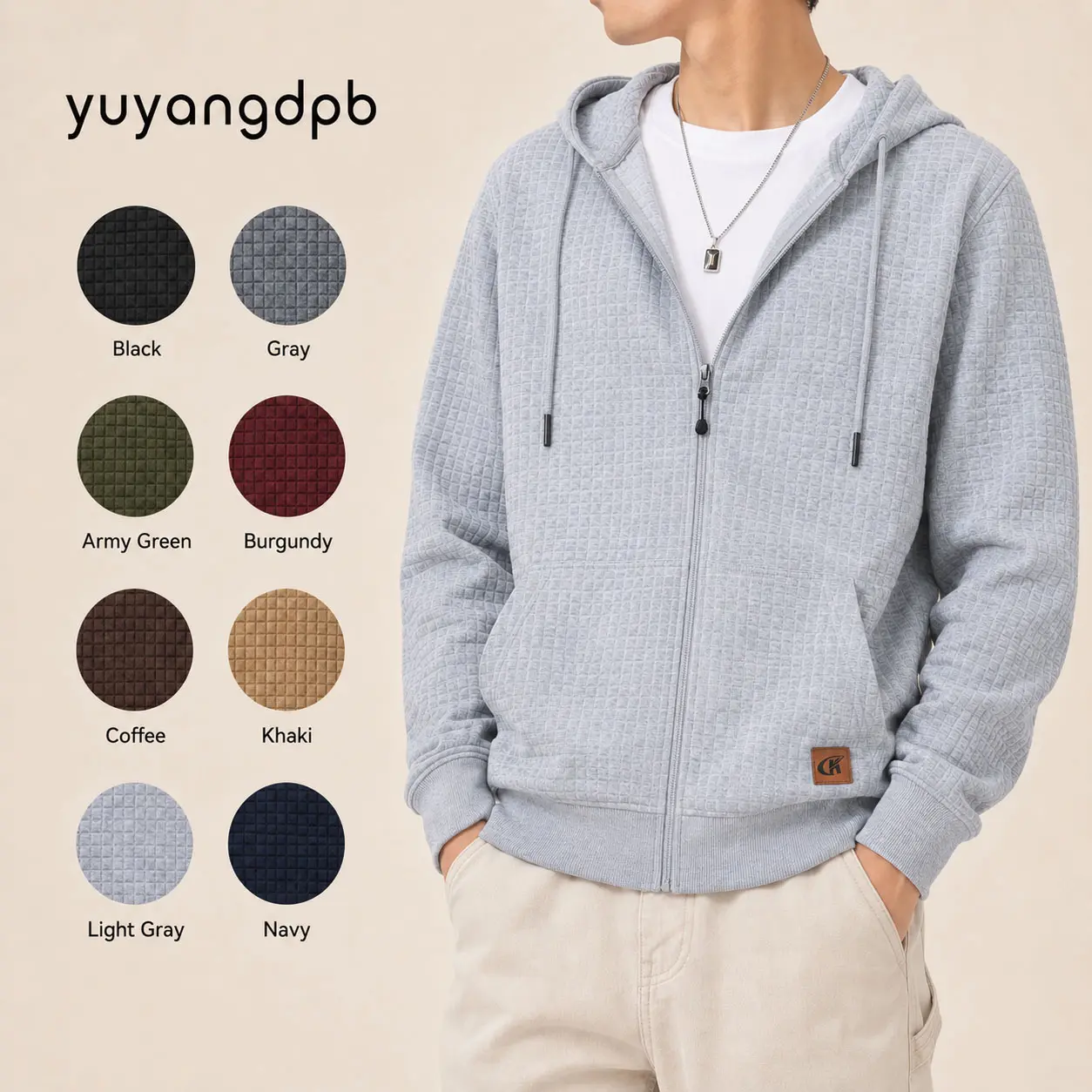 Waffle Knit Hoodie for Men, Lightweight Full-Zip Relaxed Fit Hooded Jacket with Drawstring and Side Pockets, Back to School Campus Casual Streetwear, Mens Clothing, Spring Fall Layering Hoodie Menswear Sweatshirts