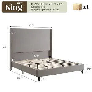 [Memorialday]AMERLIFE Bed Frame with 63" Tall Headboard, Horizontal Fine Corduroy Bed Frame with Wingback, Upholstered Platform Bed, Vintage Solid Wood Gourd Legs, No Box Spring Needed