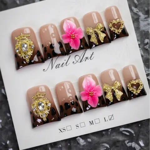 10pcs Y2K Leopard Print Short Stiletto Fake Nails, Party Nails, Decorative Nails, Handmade 3D Floral Brown Manicure, Leopard Print Design With Rhinestones, Crowns Decor, Suitable For Parties, Daily Wear, Gift For Women And Girls Press On Nails