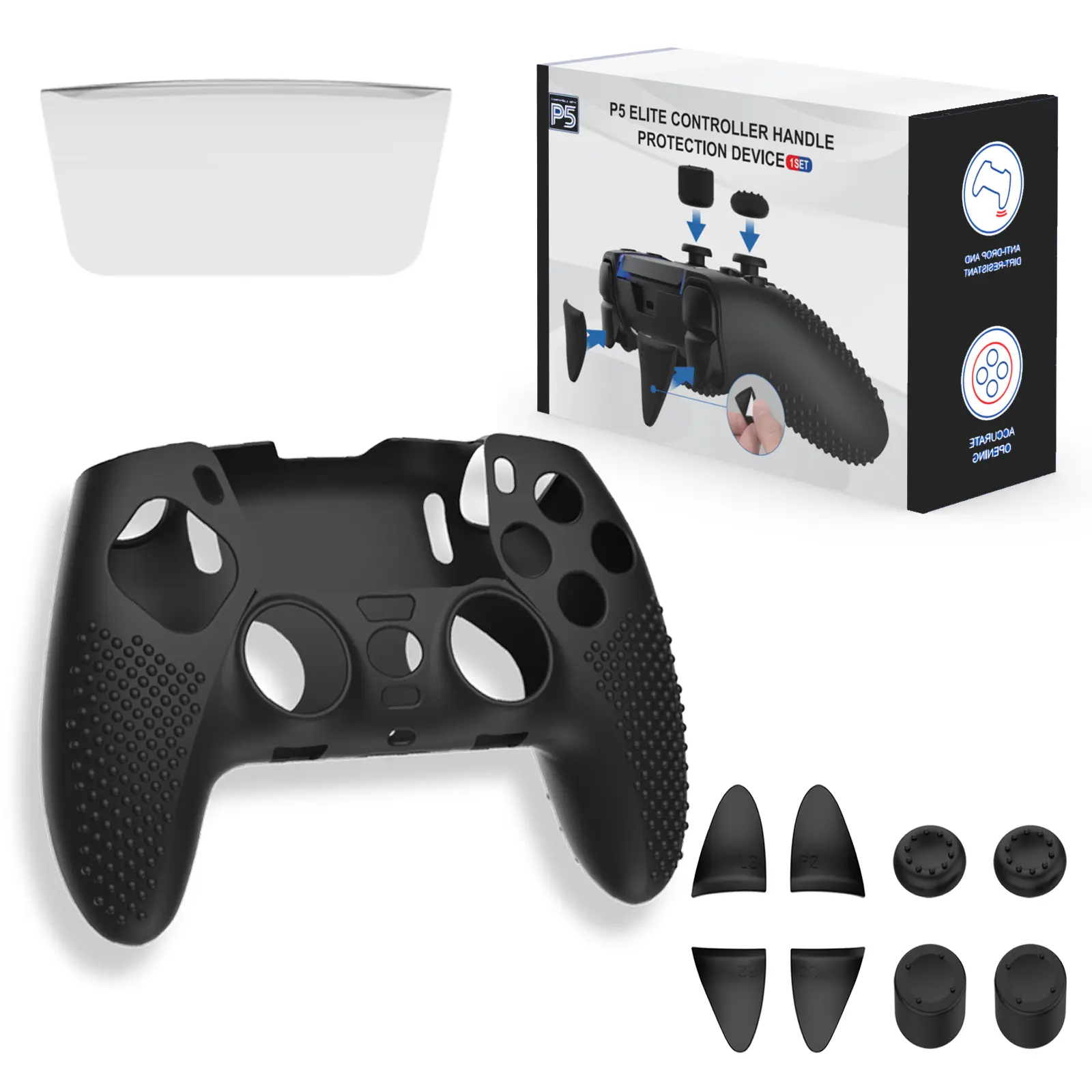 Ergonomic Accessories for PS5 Elite Controller, Protector for DualSense Controller Containing Cover, 4 Thumb Caps for PS5 Edge Controller, Triggers Extenders and Touchpad Sticker