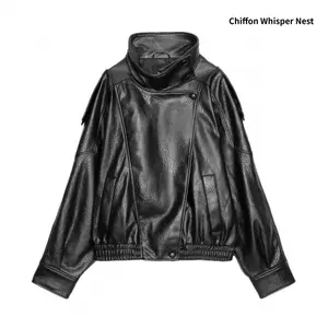 Artificial Leather Jacket Stand Collar Oversized Elastic Street Casual Long Sleeve Waterproof Windproof Coat Suitable for Spring and Autumn Women's Daily Wear Winter Coat Women's Overcoat