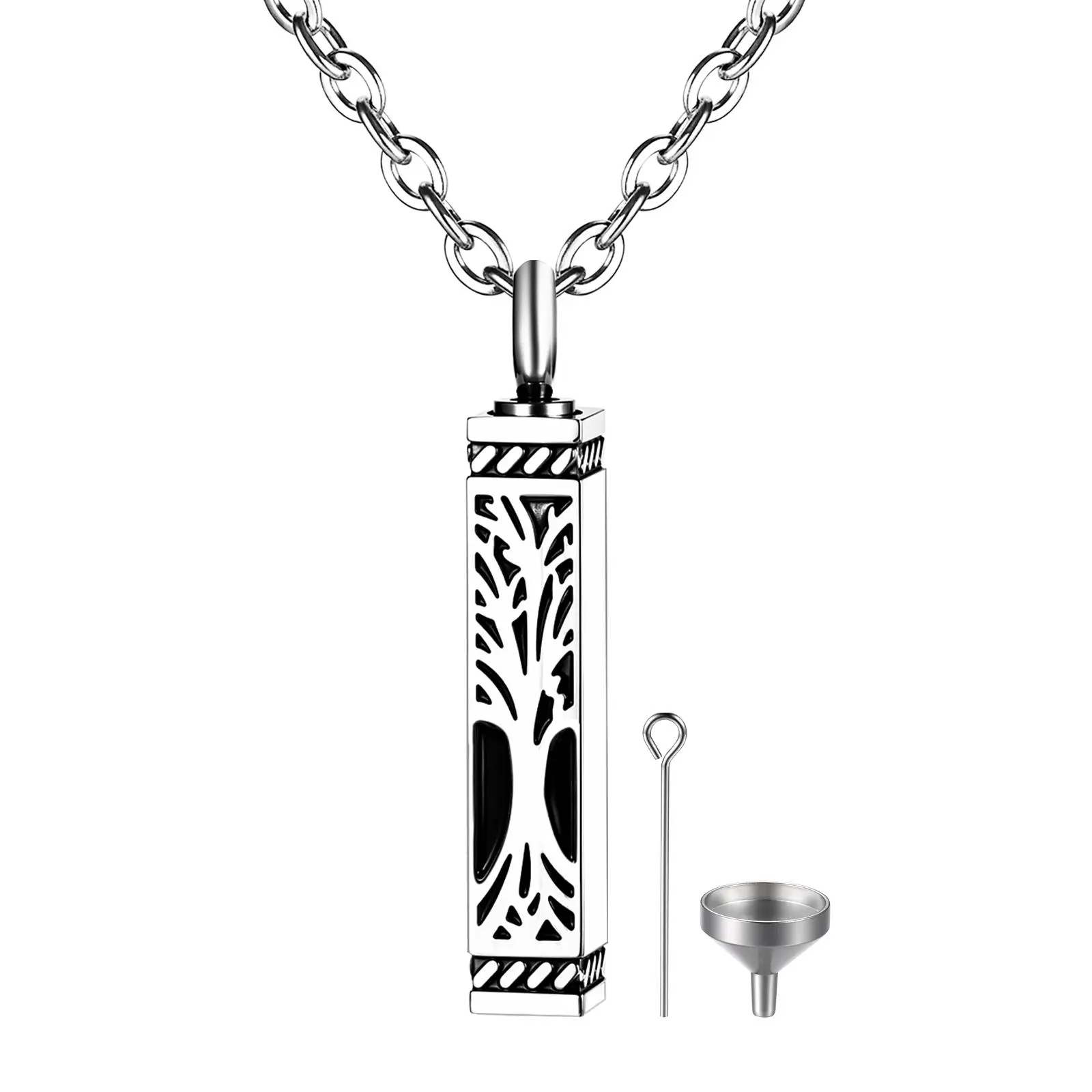 OIDEA Stainless Steel Unisex Engraved Minimalist Memorial Necklace - Openable Rectangular Tree of Life Hollow Heart Cylinder Keepsake Pendant, Waterproof Personalized Sentimental Daily Wear Jewelry, Engraved Necklace, Daily Wear Necklace