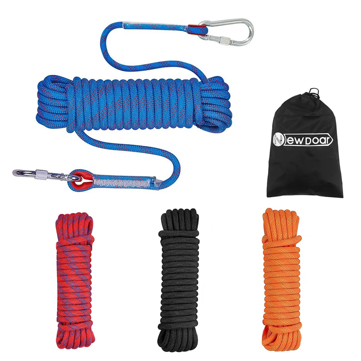 NEWDOAR Static Climbing Rope 10mm(3/8in) 12KN- High Strength Rescue Rope with 2 Steel Hooks | Multiple Colors (Black/Orange/Blue/Red) & Lengths (10m/20m/30m/50m) | for Outdoor Rappelling, Safety Escape, Cliff Rescue