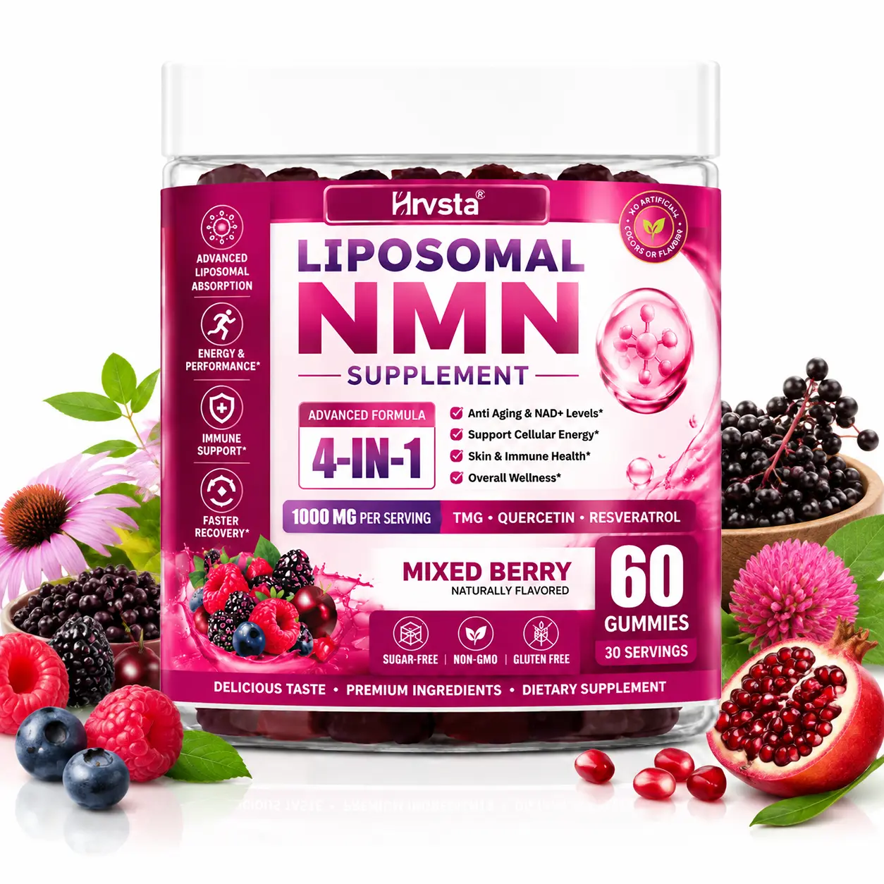 Liposomal NMN Gummies 1000mg, 4-in-1 Formula with Resveratrol, Quercetin & TMG, Premium Daily Supplement, Antioxidant Support Blend, 60 Gummies