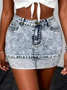 Women's Summer Casual Street Style Folded Hem High Waist Denim Skirt, Trendy Fashionable Short Jean Skirt for Daily Wear, Comfortable and Stylish