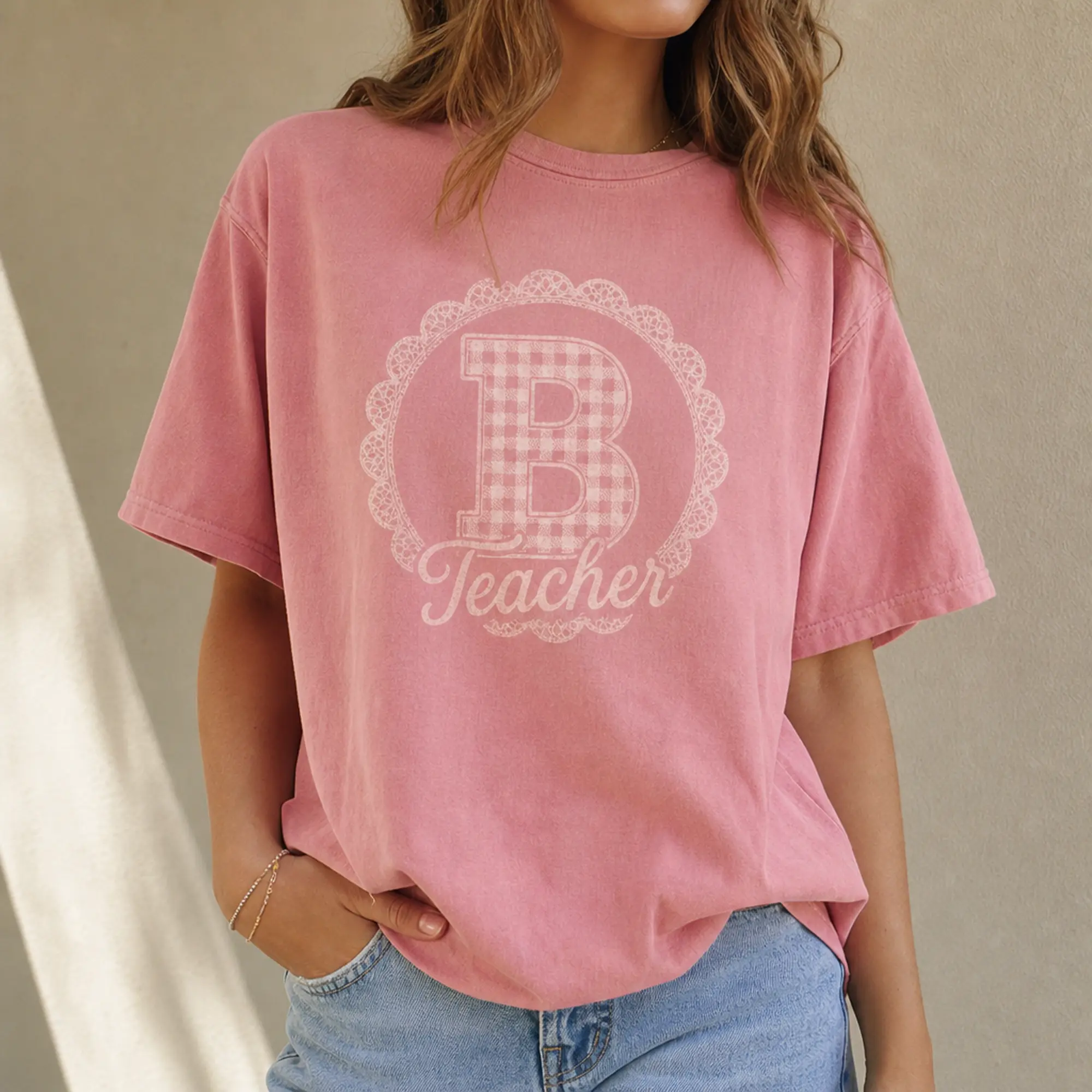 Personalized Initial Teacher Shirt, Custom Monogram Comfort Colors 1717 Tee, Pink Gingham Teacher Gift, Unisex Back to School T-Shirt