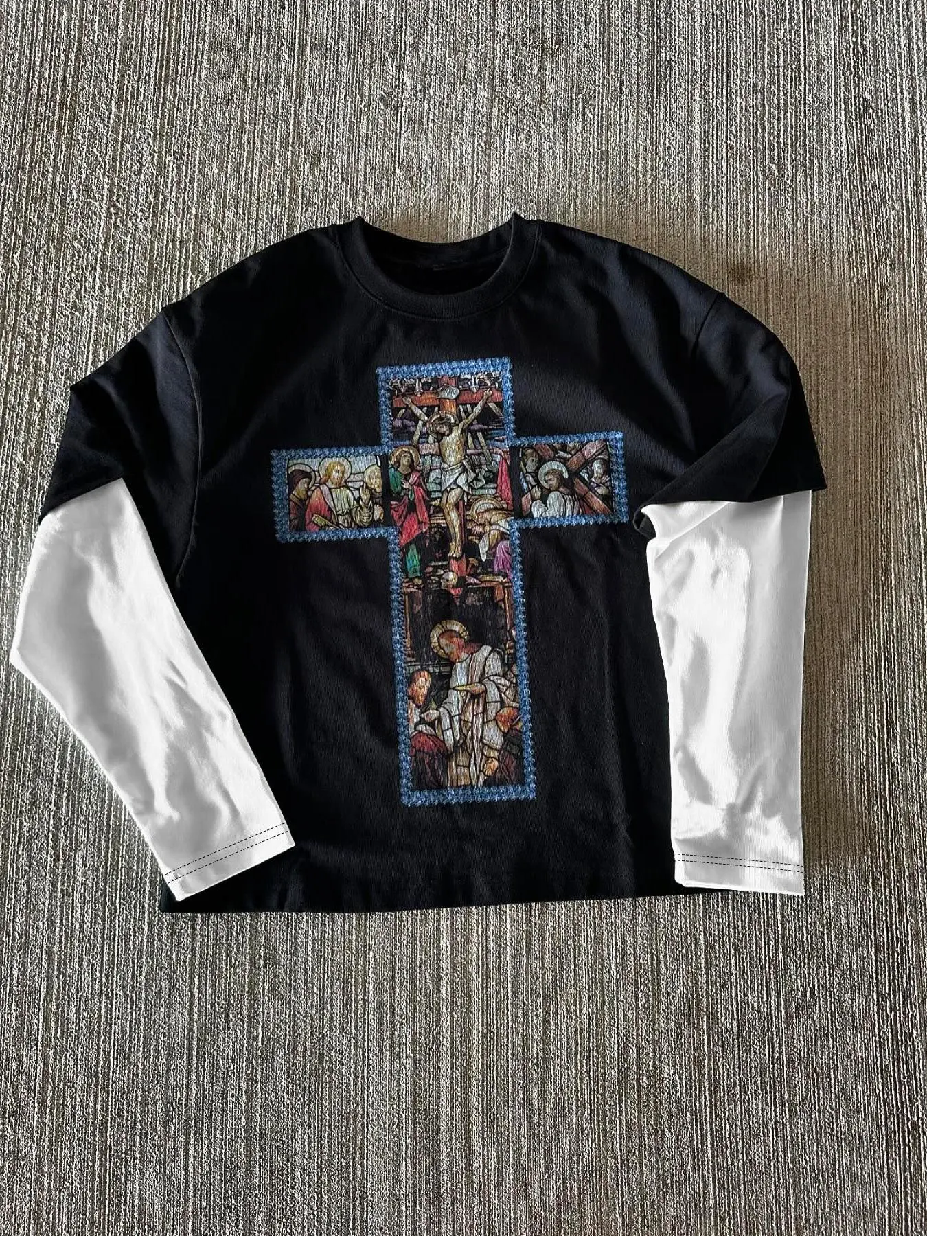 Men's Colorblock Cross Print Graphic 2 in 1 Long Sleeve Tee, Casual Comfy Stretch Round Neck Fashion Knitted T-shirt Knitwear for Fall & Winter, Men's Top for Daily Wear Fashion Knit Clothing