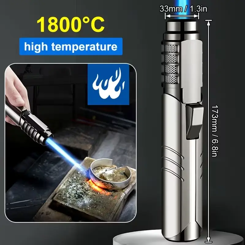 Refillable Butane Gas Jet Torch Lighter - 1800°C High-Temp, Windproof Blue Flame, Metal Alloy Body, Adjustable Flame for Bakeware, Welding (Butane Not Included, No Battery), High-Temp Flame