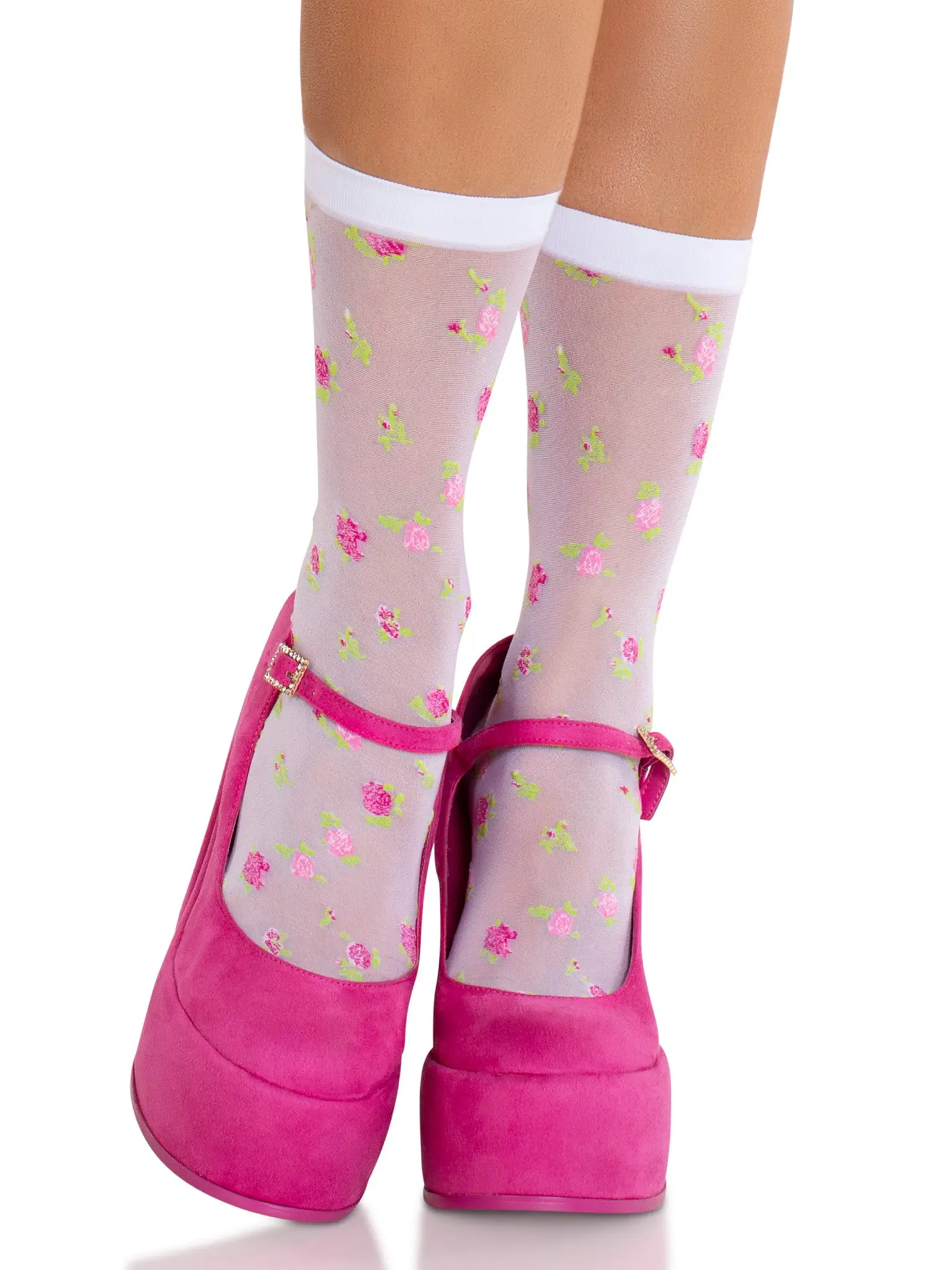 Leg Avenue Sheer Jacquard Rosette Crew Socks for Women, Stretchy Embroidered Spandex Hosiery, High Quality Fashion for Lady (1 Pair), Ankle Socks