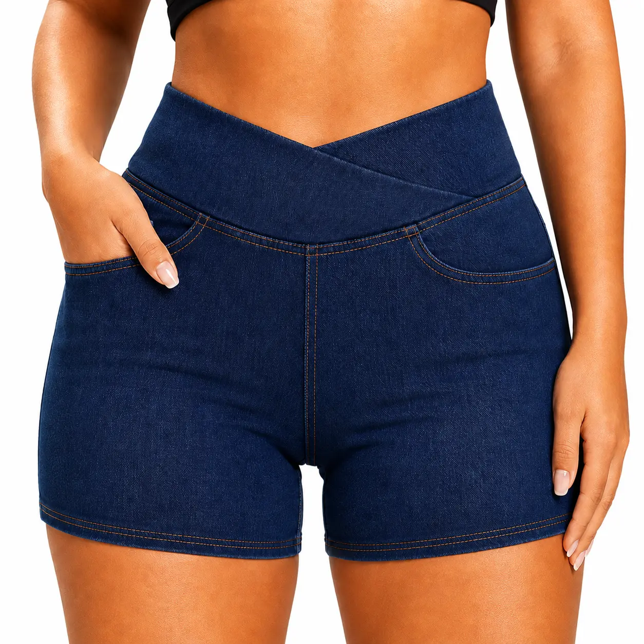 Avamo Crossover Waist Jean Shorts for Women, Ultra Stretchy High Rise Denim Shorts, Soft Summer Shorts with Pockets Fitted Fashion Shorts Casual Slim Shorts