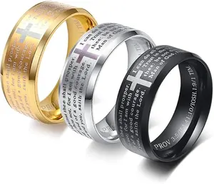 Men's Stainless Steel Wedding Band with Christian Bible Verse Lord's Prayer Cross Engraved Prayer Silver Finish Popular Faith Accessory Spinner Rings Statement Multi Ring promise rings wedding rings Waterproof Durable Jewelry
