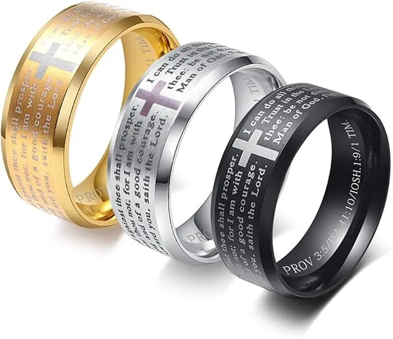 Men's Stainless Steel Wedding Band with Christian Bible Verse Lord's Prayer Cross Engraved Prayer Silver Finish Popular Faith Accessory Spinner Rings Statement Multi Ring promise rings wedding rings Waterproof Durable Jewelry