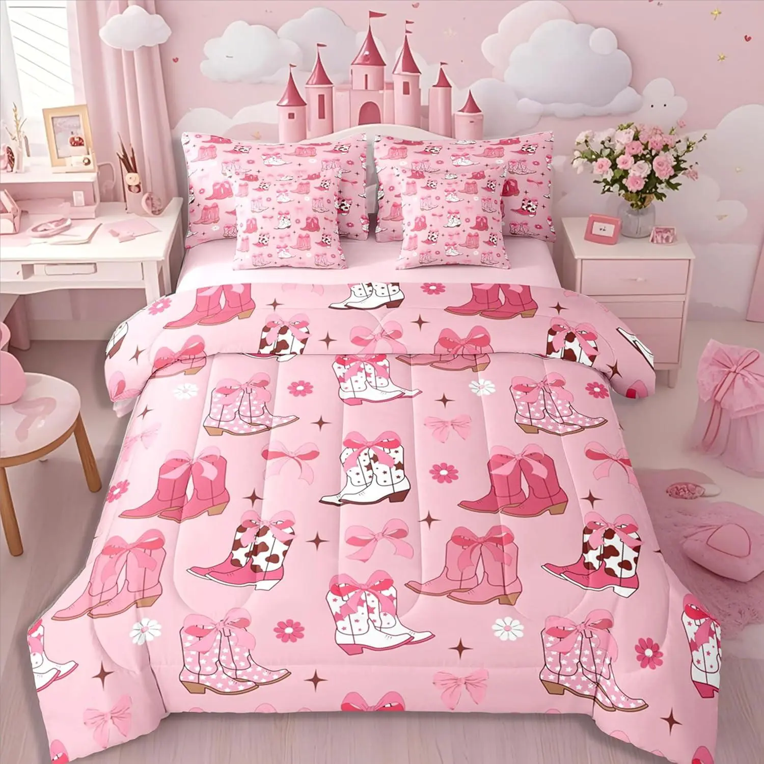 Feelyou 7-Piece Ultra Soft Fluffy Bedding Set - Quilt Set with Sheets, Multi-Size, Cowgirl Pink Bow, Cartoon Stars & Floral Print, Vintage Western Hat & Boot Theme, for Girls, Halloween, Thanksgiving, Valentine's Day, Western Home Decor
