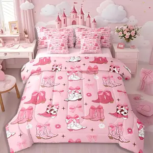Western Bow Comforter Bed Set with Sheets,Cowgirl Pink Bow 7 Piece Bedding Set,Cartoon Stars Flowers Bed Bag,Teen Girl Vintage Western Hat Boot Bed Set