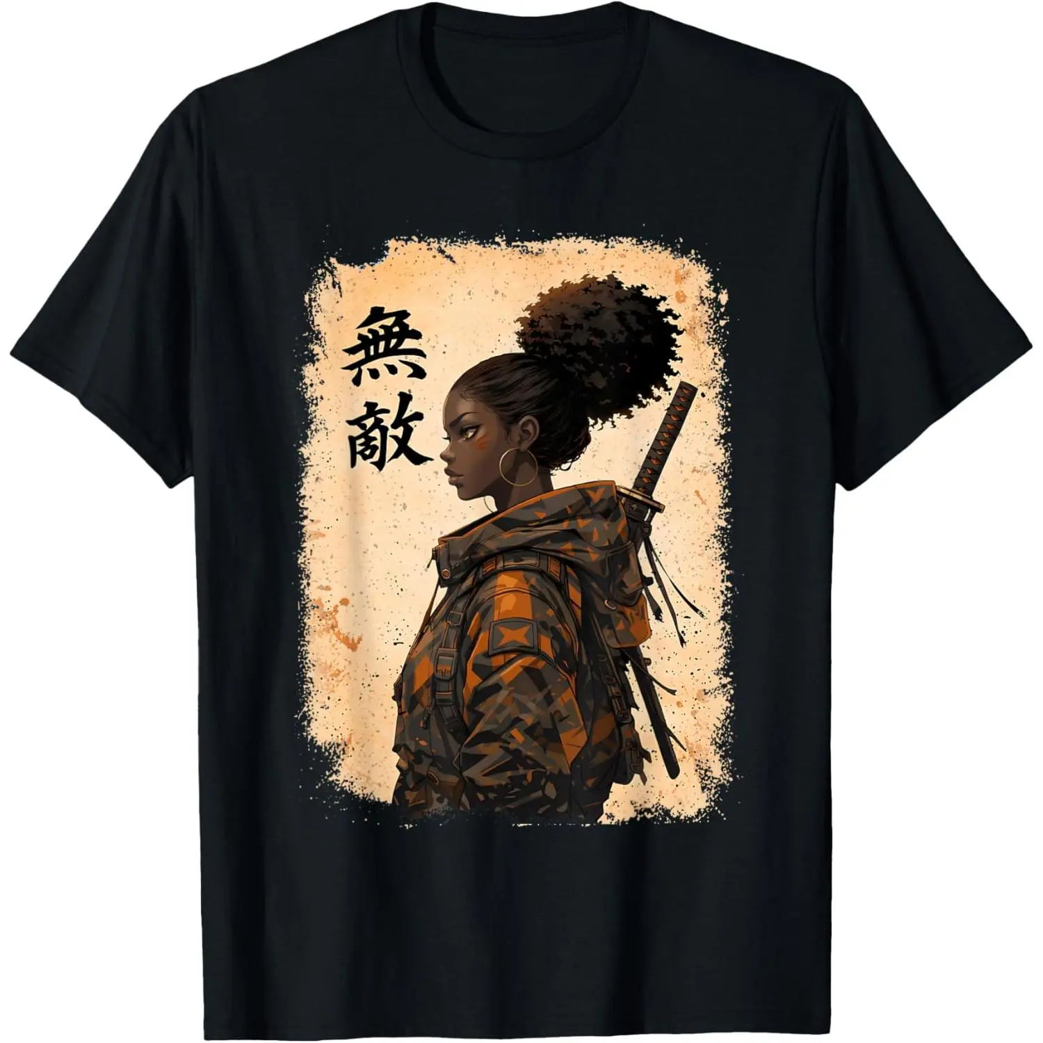 Women's 100% Cotton Short-Sleeve Vintage Casual Distressed Round Neck Black Samurai Girl Anime Warrior Afro African Pride Graphic Streetwear T-Shirt