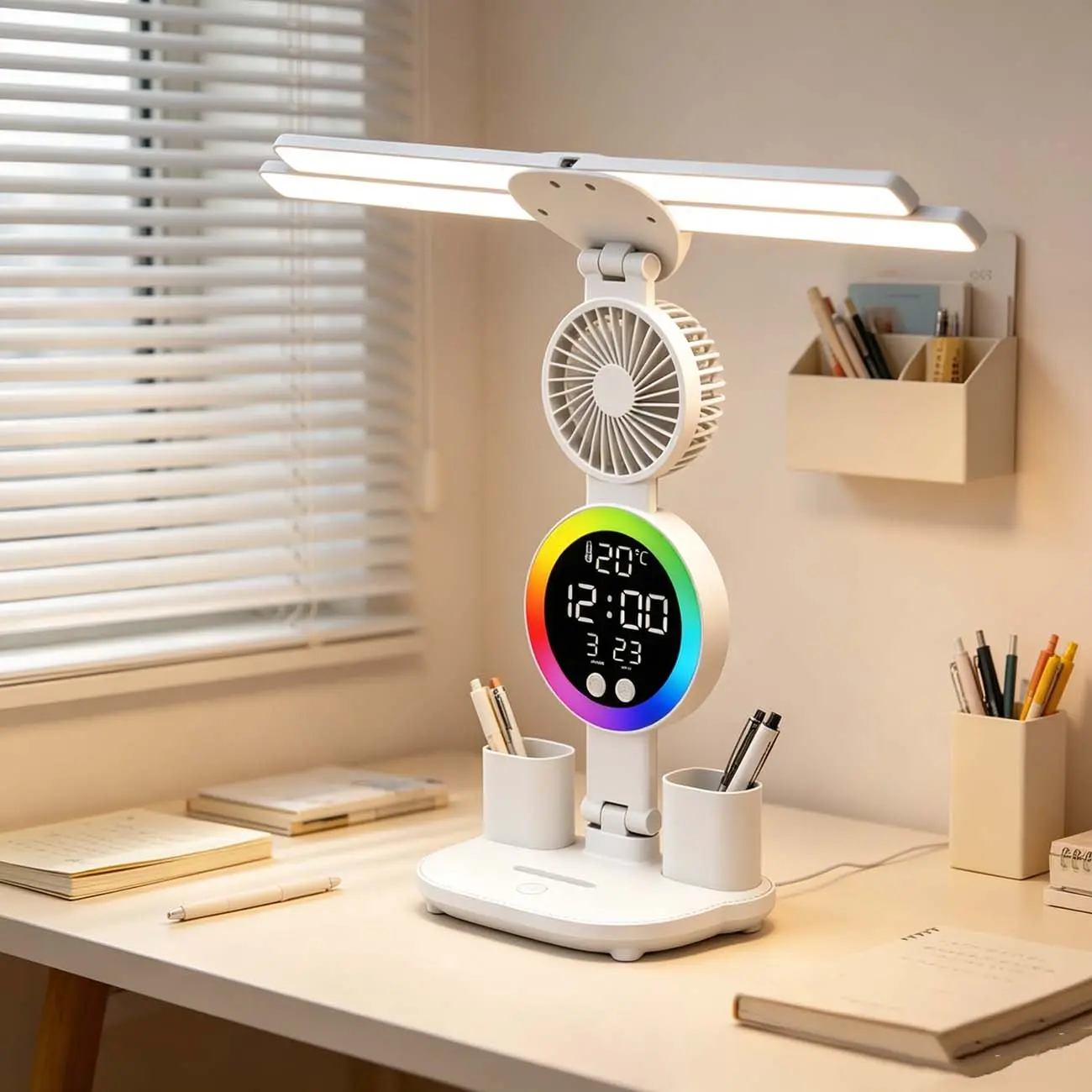 4-Head LED Desk Lamp with Fan - Corded Plug-in Multifunctional Table Light, Digital Clock, °C Temp Display, Eye-Caring Study Lamp, Pen Holder, Phone Stand