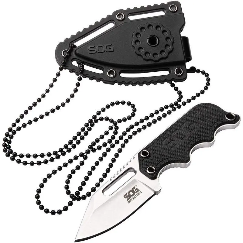 SOG Instinct Full Tang Fixed Blade Knife - G10 Handle, Compact Lightweight EDC Multi Tools with Plastic Sheath & Neck Chain, Men's Camping Hiking Survival Gear Tactical Gift