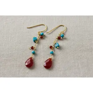 Apatite-Carnelian Dangle Drop Earrings, Memorial Day Layering Jewelry for Comfortable Adults, Independence Day, Patriotic Celebrations