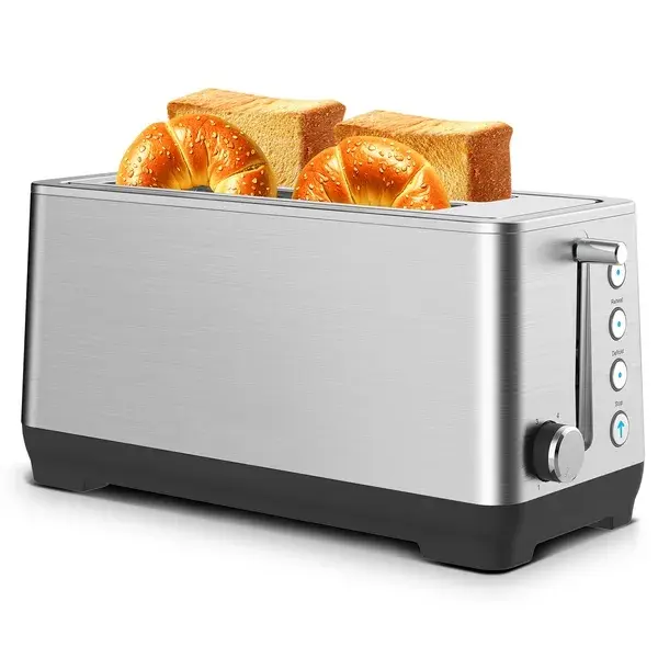 Stainless Steel 4-Slice Toaster, Silver Upgraded Kitchen Appliance with Extra Wide Long Slots, 6 Browning Settings, Bagel/Defrost/Reheat Functions, Removable Crumb Tray