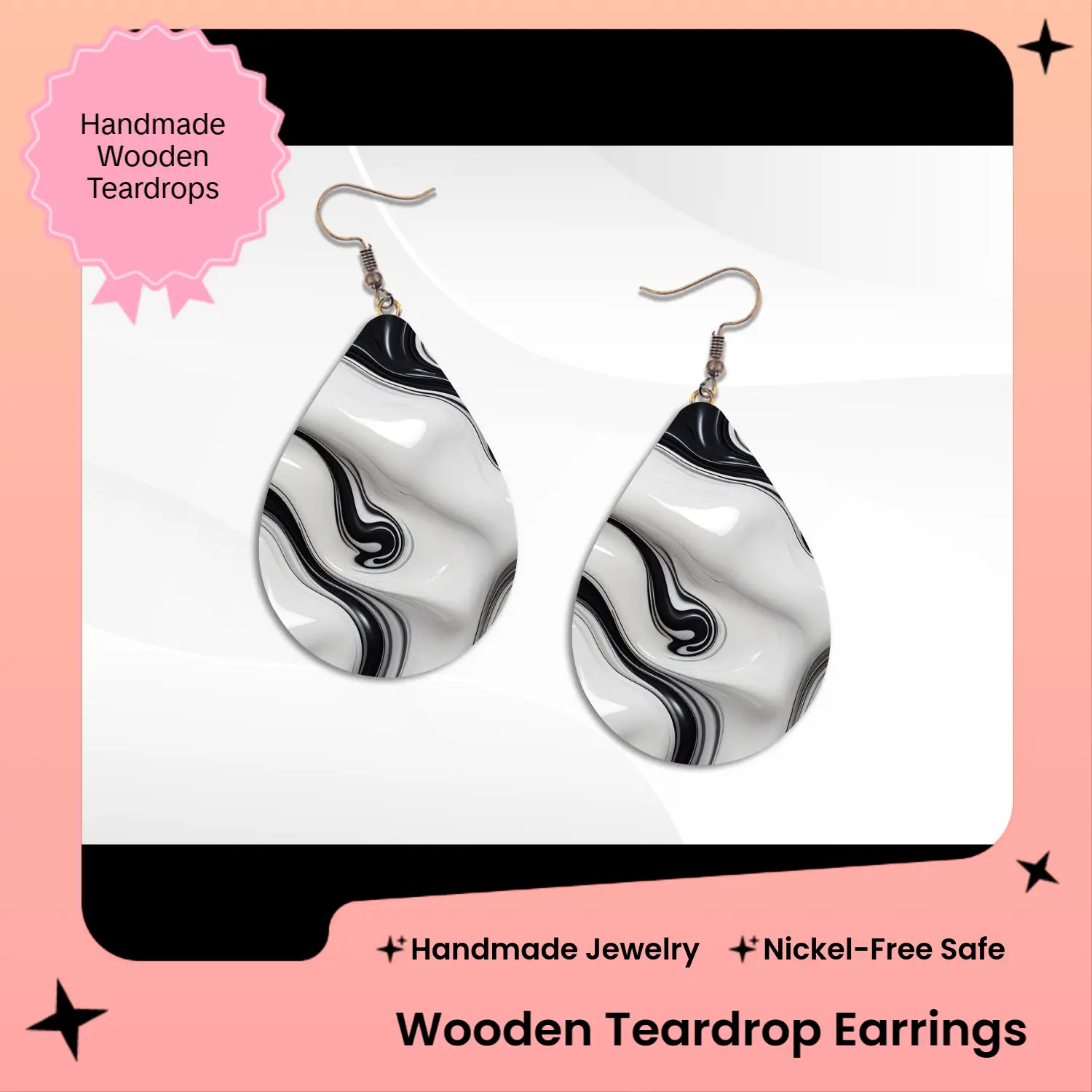 Black Swirl Teardrop Earrings, Sublimated Earrings, Fashion Black Swirl Earrings, MDF Earrings, Wood Earrings
