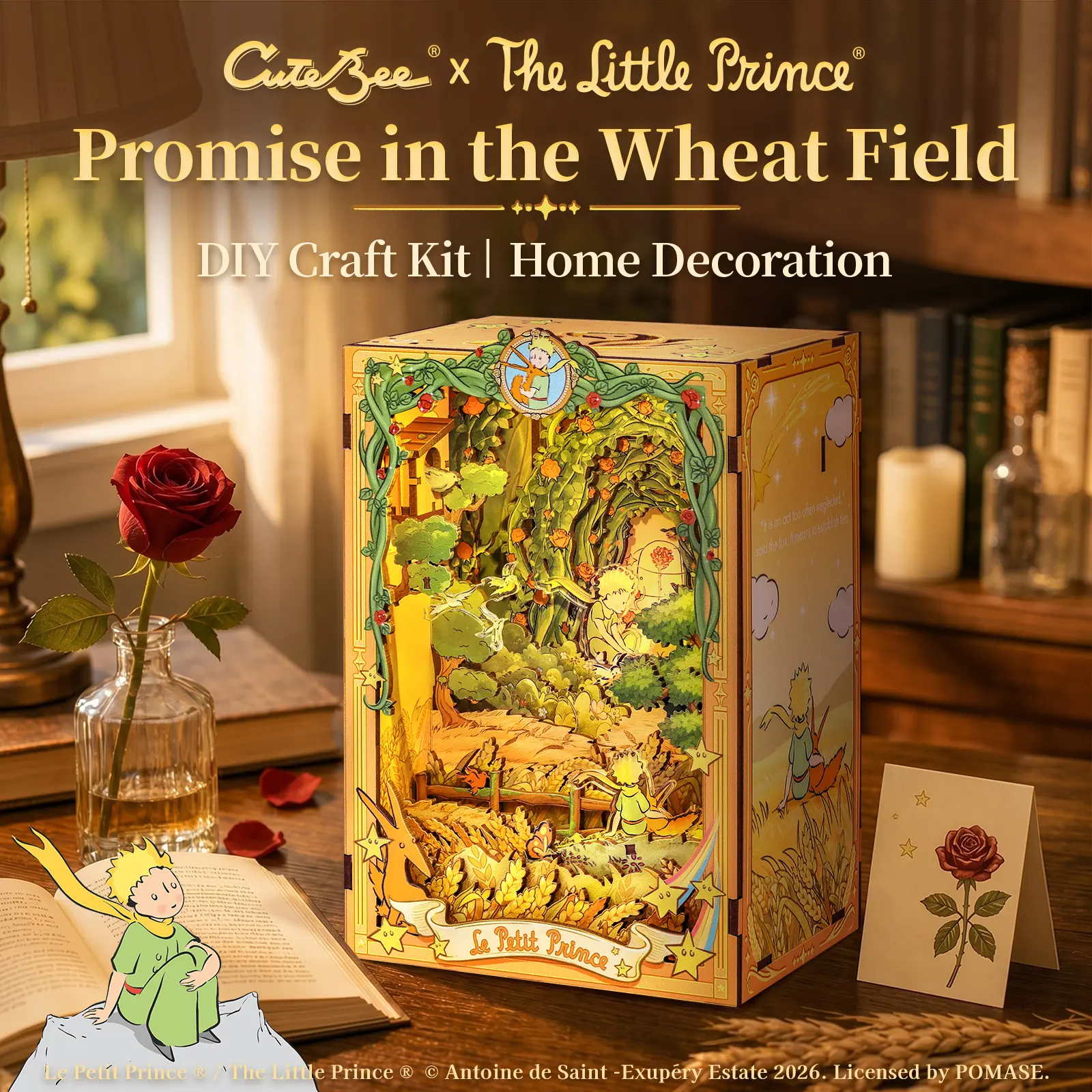 CUTEBEE Officially Licensed The Little Prince Book Nook Kit with LED Light, Promise in the Wheat Field DIY Miniature House, Bookshelf Insert Model Kit for Adults, Gift for Book Lovers